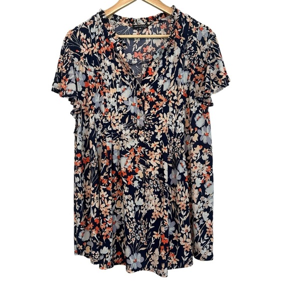 Women's 3X Navy Floral Stretchy Soft Work Casual Short Sleeve PLUS Blouse - Picture 1 of 5